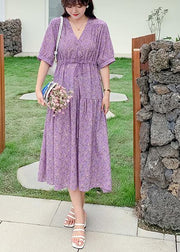 Plus Size Purple Print Chiffon V Neck Summer Dress - SooLinen