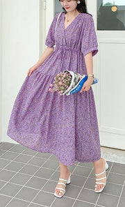 Plus Size Purple Print Chiffon V Neck Summer Dress - SooLinen