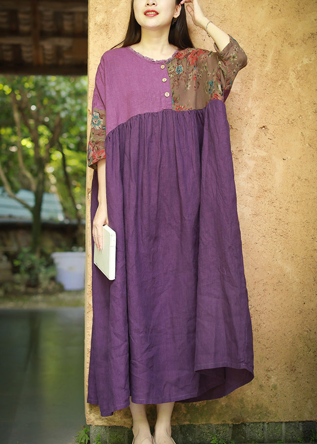 Plus Size Purple Ruffled Wrinkled Cotton Dresses Half Sleeve