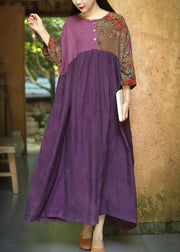 Plus Size Purple Ruffled Wrinkled Cotton Dresses Half Sleeve