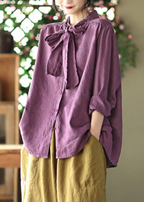 Plus Size Purple Stand Collar Bow Button Linen Shirt Long sleeve