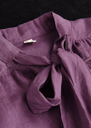 Plus Size Purple Stand Collar Bow Button Linen Shirt Long sleeve