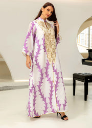Plus Size Purple Stand Collar Striped Patchwork Tulle Maxi Dresses Long Sleeve