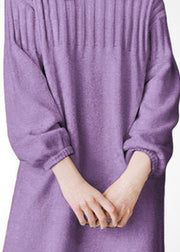 Plus Size Purple Stand Collar Thick Wool Long Knit Dress Winter