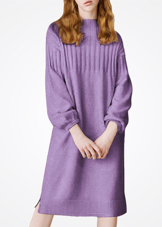 Plus Size Purple Stand Collar Thick Wool Long Knit Dress Winter