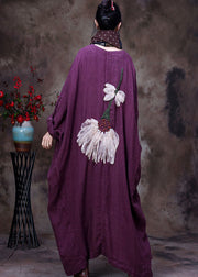 Plus Size Purple V Neck Floral Linen Coat Outwear Long Sleeve