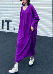 Plus Size Purple V Neck Loose fashion Fall Vacation Dresses Long sleeve - SooLinen