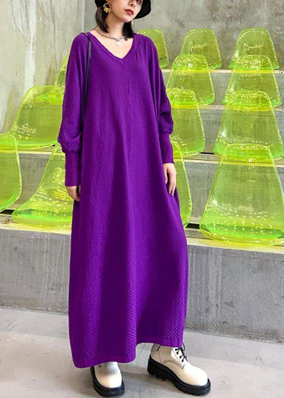 Plus Size Purple V Neck Loose fashion Fall Vacation Dresses Long sleeve - SooLinen
