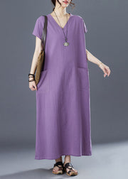 Plus Size Purple V Neck Patchwork Long Dresses Short Sleeve