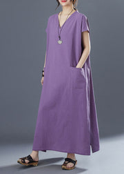 Plus Size Purple V Neck Patchwork Long Dresses Short Sleeve