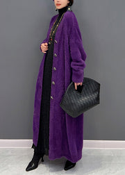 Plus Size Purple V Neck Patchwork Mink Hair Knitted Cardigan Fall