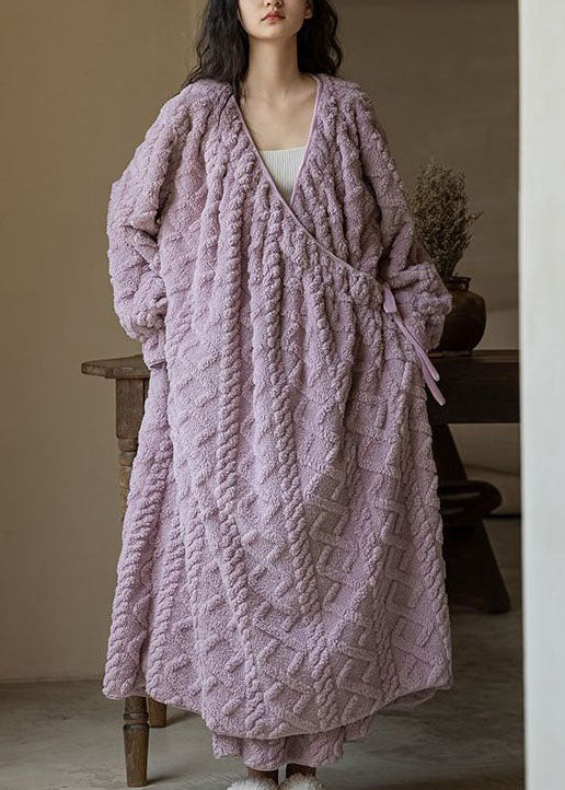 Plus Size Purple V Neck Patchwork Thick Fluffy Robe Spring