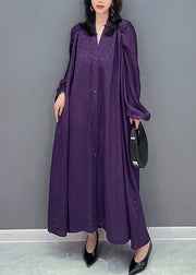 Plus Size Purple V Neck Print Button Long Dresses Long Sleeve