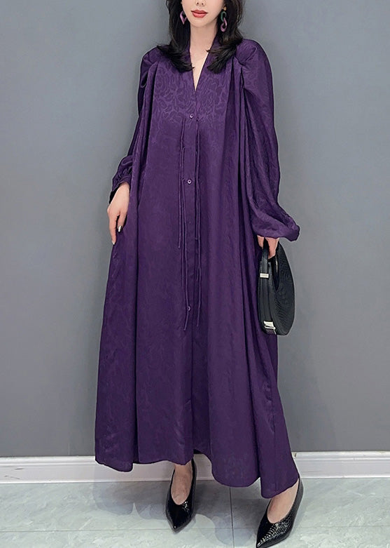Plus Size Purple V Neck Print Button Long Dresses Long Sleeve