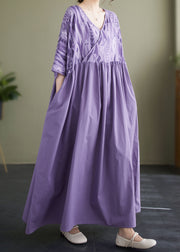 Plus Size Purple V Neck Wrinkled Print Patchwork Cotton Vacation Dresses Summer