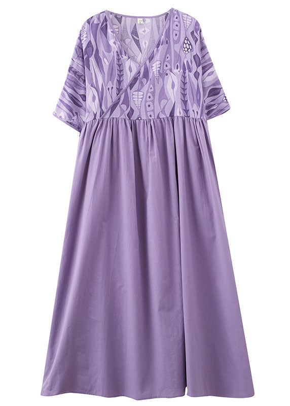 Plus Size Purple V Neck Wrinkled Print Patchwork Cotton Vacation Dresses Summer