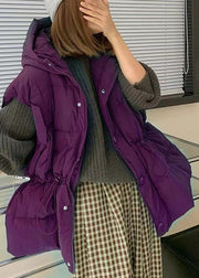 Plus Size Purple Zip Up Drawstring Duck Down Hooded Vest Sleeveless