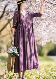 Plus Size Purple tie waist V Neck Mid Summer Linen Dress - SooLinen