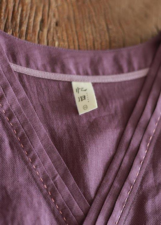 Plus Size Purple tie waist V Neck Mid Summer Linen Dress - SooLinen