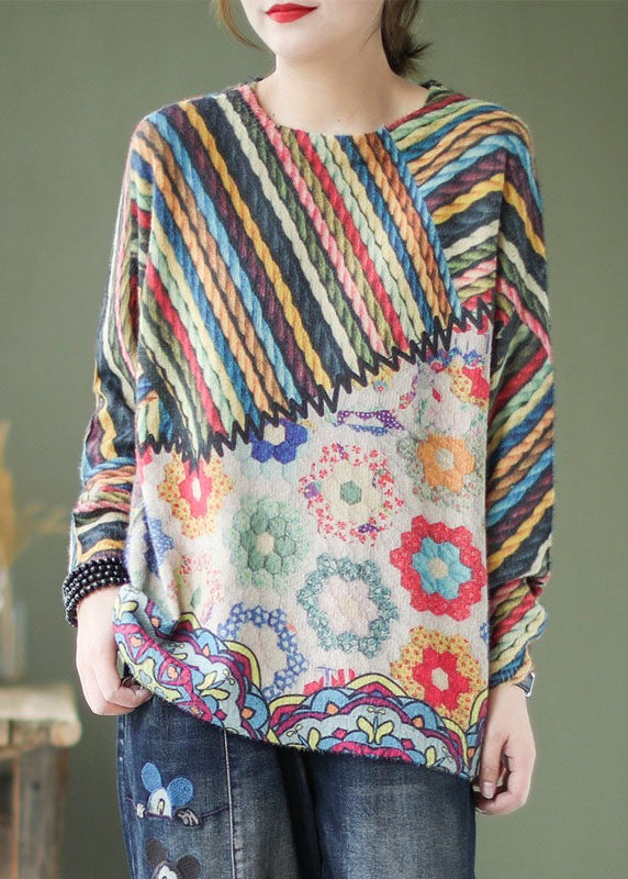 Plus Size Rainbow O-Neck Print Fall Knitted Sweaters