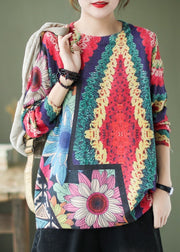 Casual Floral O-Neck Print Fall Knitted Sweater Tops