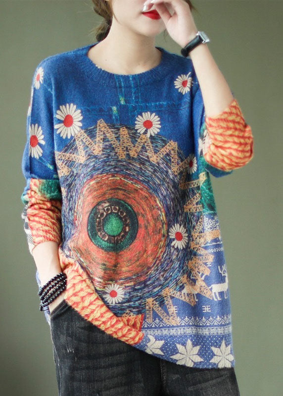 Casual Floral O-Neck Print Fall Knitted Sweater Tops