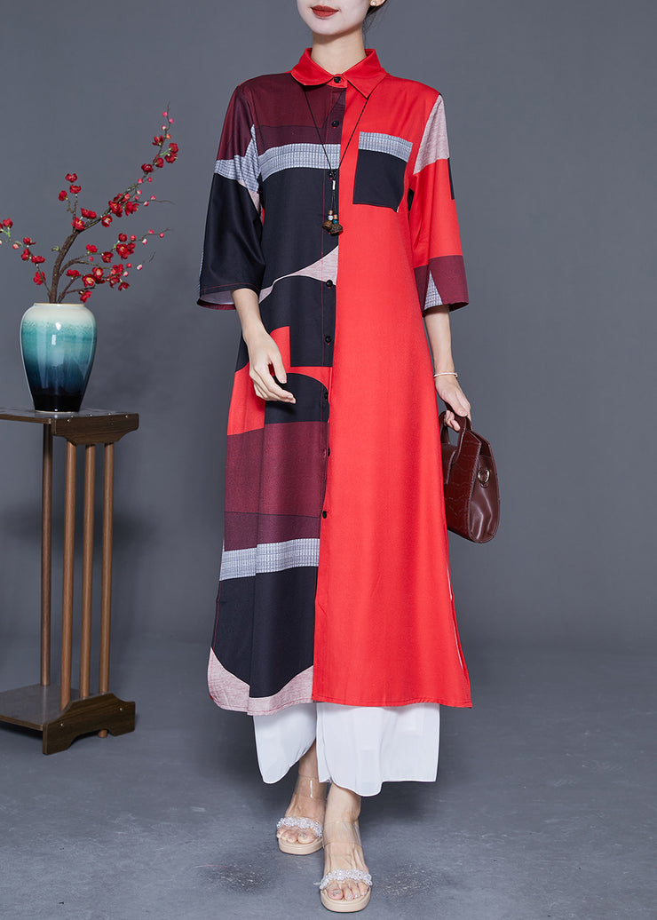 Plus Size Red Asymmetrical Print Silk Maxi Dress Summer