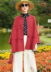Plus Size Red Batwing Sleeve Patchwork Cotton Cardigan Coat Fall