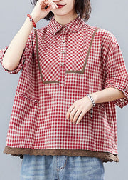 Plus Size Red Button Peter Pan Collar Shirt Tops Half Sleeve