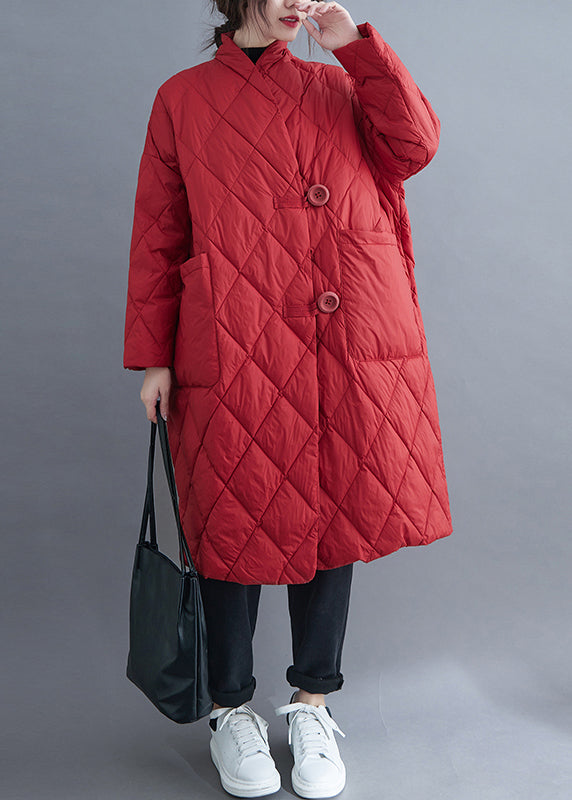 Plus Size Red Button Pockets Cotton Filled Long Parka Winter
