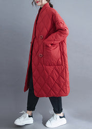 Plus Size Red Button Pockets Cotton Filled Long Parka Winter