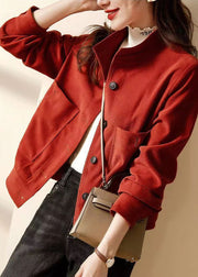 Plus Size Red Button Pockets Patchwork Cotton Coats Long Sleeve