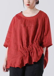 Plus Size Red Cinched Cotton Linen Summer Blouse Top - SooLinen