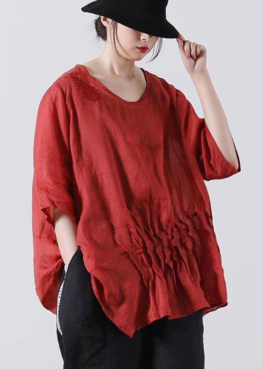 Plus Size Red Cinched Cotton Linen Summer Blouse Top - SooLinen
