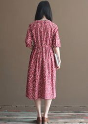 Plus Size Red Cinched Print Button Cotton Long Dress Half Sleeve