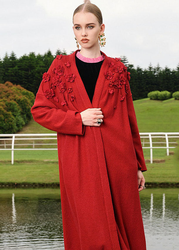 Plus Size Red Embroidered Floral Woolen Long Cardigan Fall
