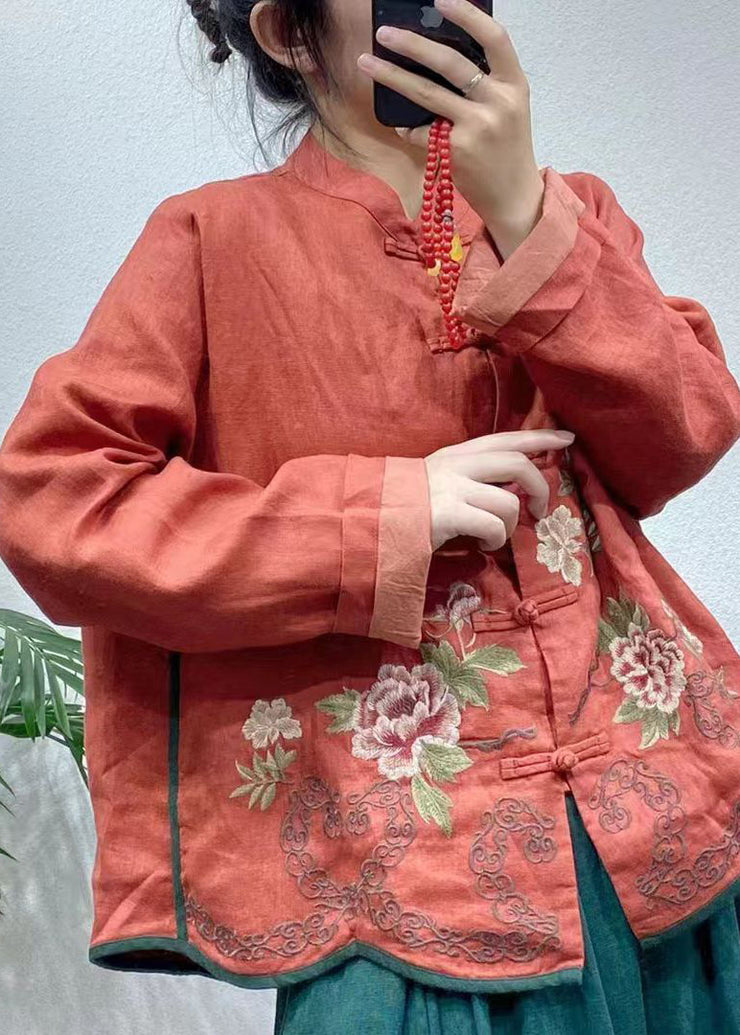 Plus Size Red Embroidered Oriental Button Linen Coats Spring
