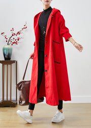 Plus Size Red Hooded Big Pockets Corduroy Trench Coat Fall