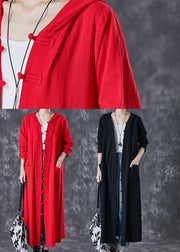 Plus Size Red Hooded Chines Button Cotton Trench Fall