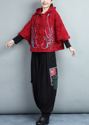 Plus Size Red Hooded Embroidered Warm Fleece Coat Batwing Sleeve
