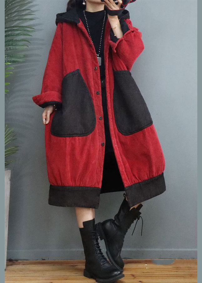 Plus Size Red Hooded Patchwork Corduroy Winter Coats Winter