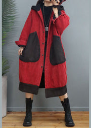 Plus Size Red Hooded Patchwork Cord Wintermäntel Winter