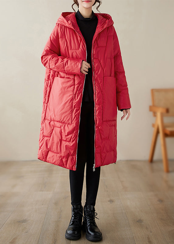 Plus Size Red Hooded Pockets Fine Cotton Filled Coat Winter