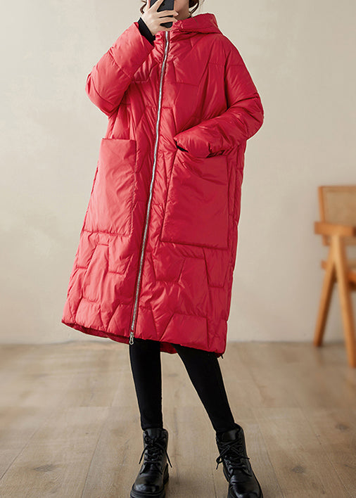 Plus Size Red Hooded Pockets Fine Cotton Filled Coat Winter