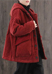 Plus Size Red Hooded Pockets Fine Cotton Filled Corduroy Parka Jacket Winter