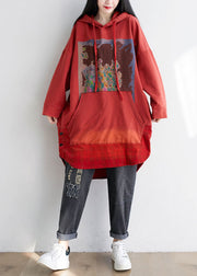 Plus Size Red Hooded Pockets Print Cotton Sweatshirt Dress Spring