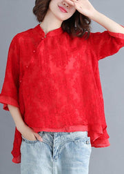 Plus Size Red Lace Three Quarter sleeve Oriental Loose Summer Top - SooLinen