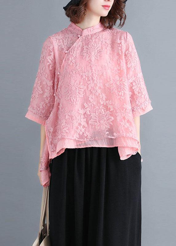 Plus Size Red Lace Three Quarter sleeve Oriental Loose Summer Top - SooLinen