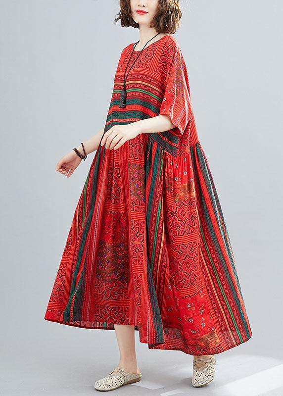 Plus Size Red Loose Patchwork Print Summer Dress - SooLinen