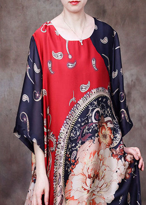 Plus Size Red O-Neck Asymmetrical Print Silk Holiday Dress Half Sleeve